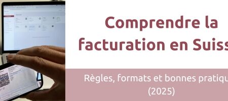 Illustration de la facturation en Suisse en 2025 avec documents, facture électronique et franc suisse.