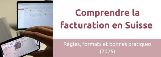 Illustration de la facturation en Suisse en 2025 avec documents, facture électronique et franc suisse.