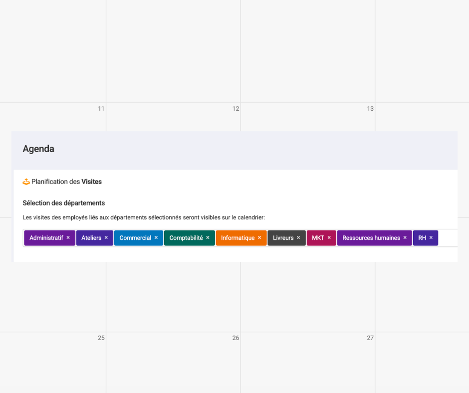 Agenda GesMobile – planification par département et équipe Sélection des départements dans l'agenda GesMobile pour filtrer et afficher les visites par équipe