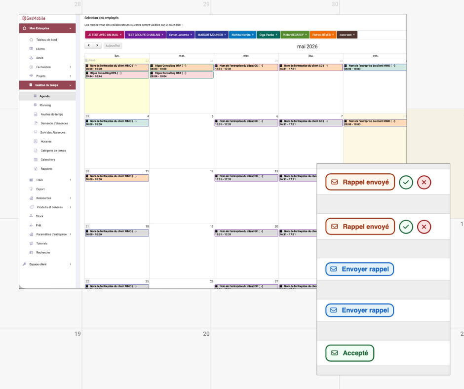 rappels-rendez-vous-gesmobile-statuts-agenda Interface agenda GesMobile avec boutons Envoyer rappel, Rappel envoyé et Accepté pour le suivi des rendez-vous clients